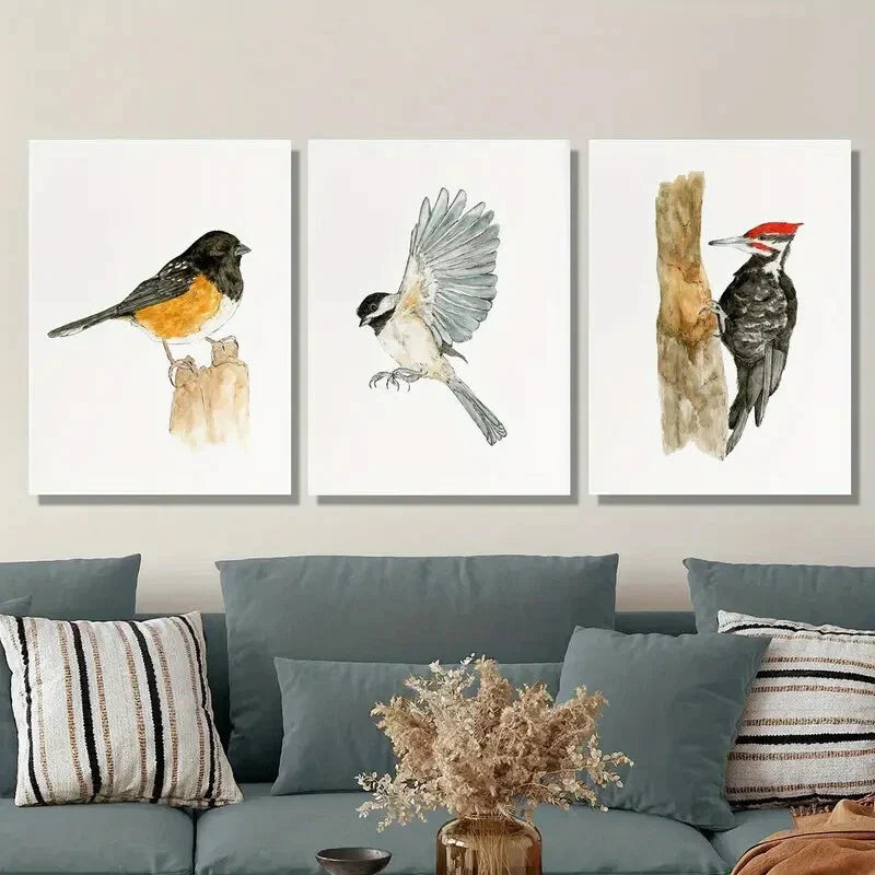 3pcs Spotted Thrush, Carolina Chickadee, Wood Metal Print Ready to Hang Art