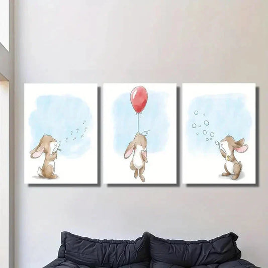 3pcs Bunny Blowing Bubbles, Bunny Playing Metal Print Ready to Hang Art