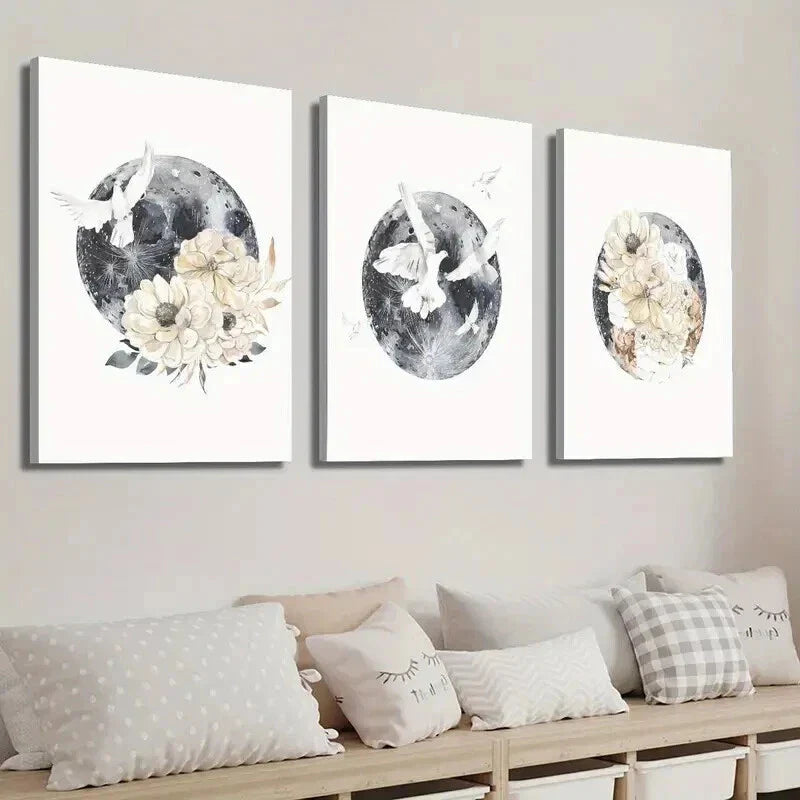 3pcs Moon and Bird Animal Floral Wall Art Set Canvas Framed 40x60cm - High Quality Print 100% Australian Made Wall Canvas Ready to Hang