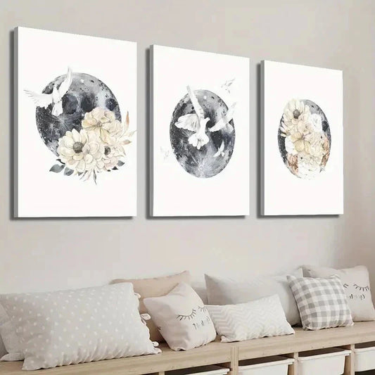 3pcs Moon and Bird Animal Floral Wall Art Set Canvas Framed 40x60cm - High Quality Print 100% Australian Made Wall Canvas Ready to Hang
