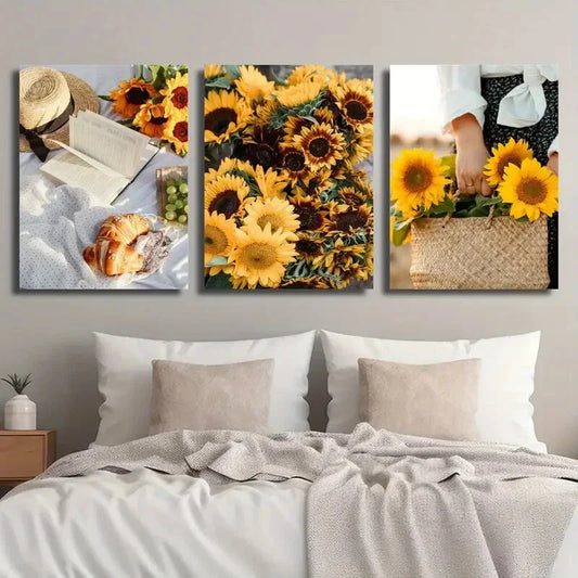 3pcs White Picnic Mat Vibrant Sunflowers Metal Print Ready to Hang Art