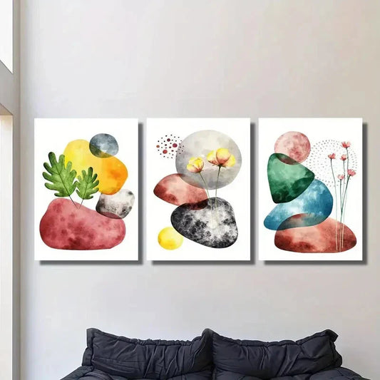 3pcs  colorful geometric stones and botanical flower  Metal Print Ready to Hang Art