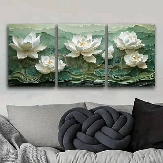 3pcs  White for Lotus Flower Design Art  Metal Print Ready to Hang Art