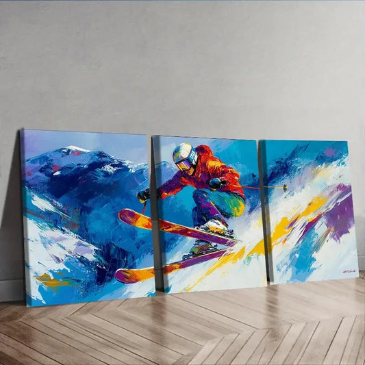 3pcs Paintings Featuring a Skier  Wall Art Set Canvas Framed 40x60cm - High Quality Print 100% Australian Made Wall Canvas Ready to Hang