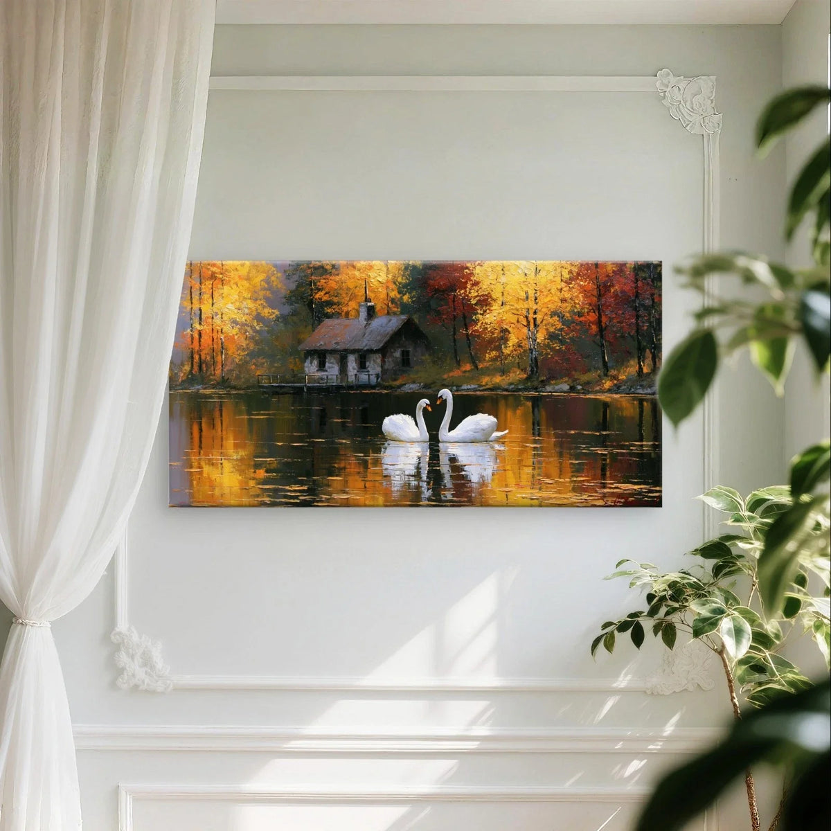 Lake Landscape with Swans Cozy Wall Art Canvas Office Home Framed 120x60cm