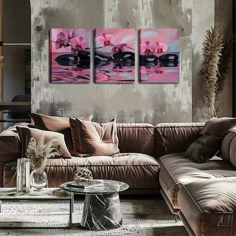 3pcs Water, Pebbles, Orchids Wall Art Set Canvas Framed 40x60cm - High Quality Print 100% Australian Made Wall Canvas Ready to Hang