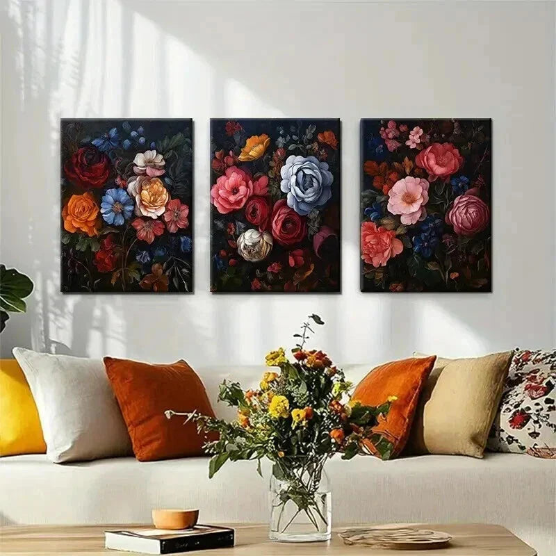 3pcs Floral Bouquet in Rich Hues of Red Perfect Wall Art Set Canvas Framed 40x60cm - High Quality Print 100% Australian Made Wall Canvas Ready to Hang