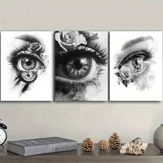 3pcs The clock in the eye Art Painting Metal Print Ready to Hang Art