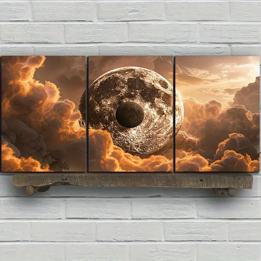 3pcs Yin-Yang Orange Clouds Big Moon Metal Print Ready to Hang Art