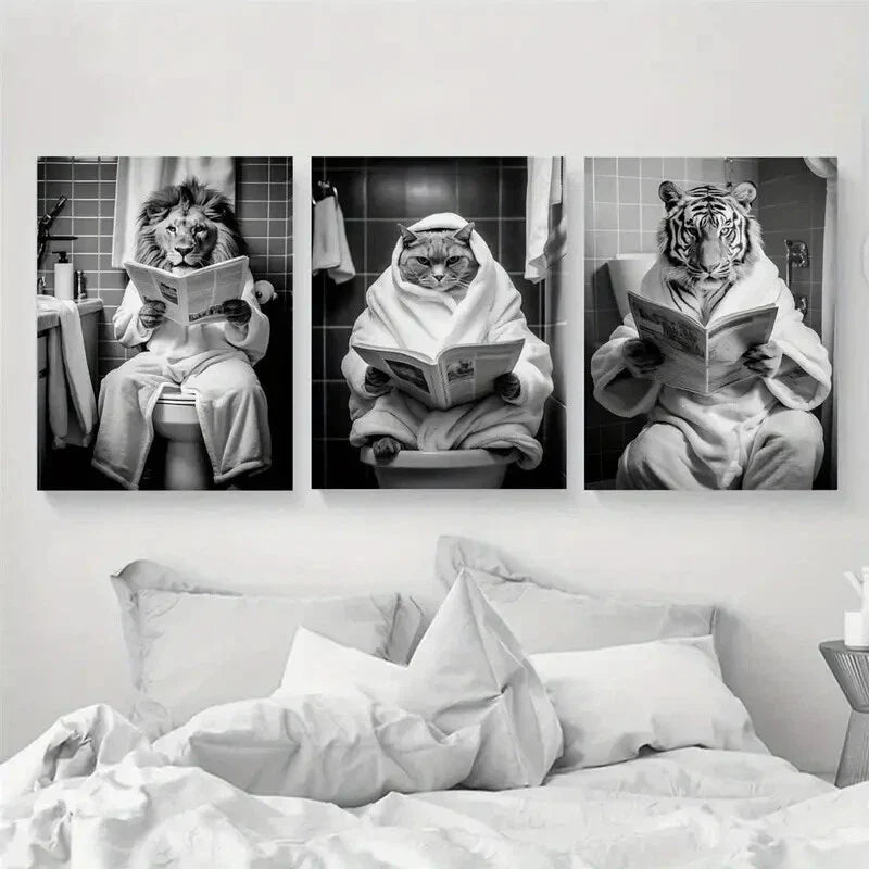 3pcs Funny Tiger Cat & Lion Sitting on Toilet Metal Print Ready to Hang Art
