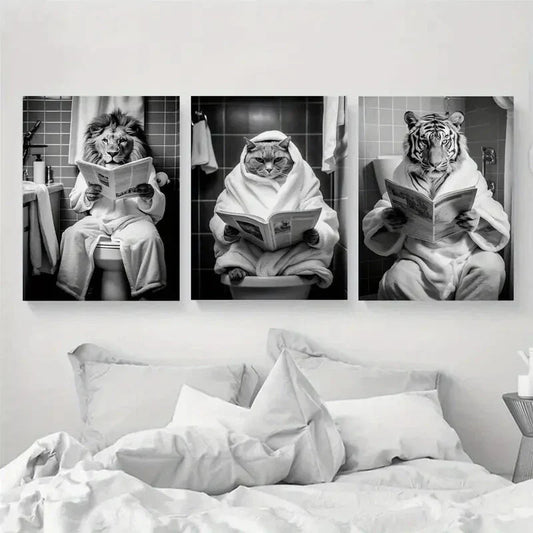 3pcs Funny Tiger Cat & Lion Sitting on Toilet Metal Print Ready to Hang Art