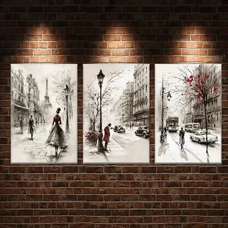 3pcs Street with People Cars and Eiffel Tower Wall Art Set Canvas Framed 40x60cm - High Quality Print 100% Australian Made Wall Canvas Ready to Hang