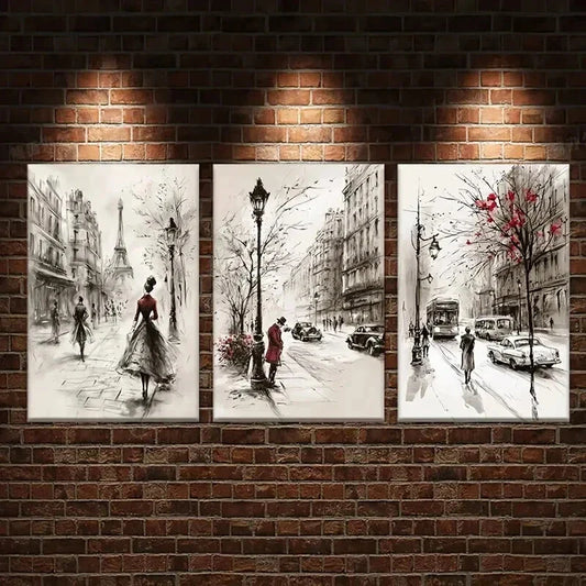 3pcs Street with People Cars and Eiffel Tower Wall Art Set Canvas Framed 40x60cm - High Quality Print 100% Australian Made Wall Canvas Ready to Hang