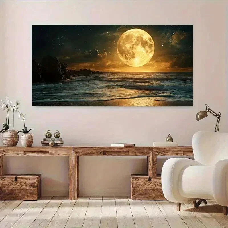 Full Moon Over Ocean Waves Wall Art Canvas Office Home Room Framed 80x45cm