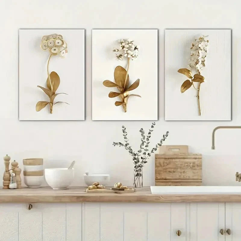 3pcs  Golden Simple White Flower Paintings  Metal Print Ready to Hang Art