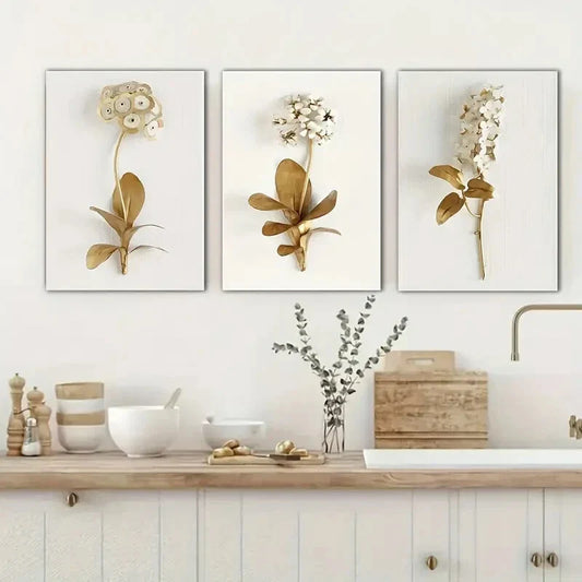 3pcs  Golden Simple White Flower Paintings  Metal Print Ready to Hang Art