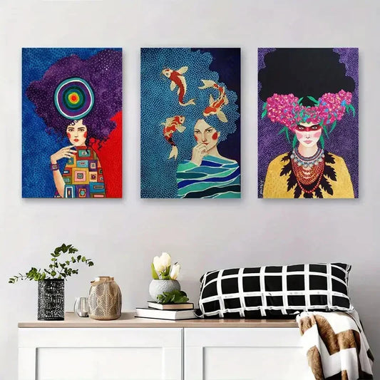 3pcs Colorful Women with Koi Fish, Flowers Metal Print Ready to Hang Art