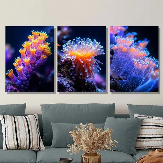 3pcs Underwater Coral and Marine Life, Luminous  Metal Print Ready to Hang Art