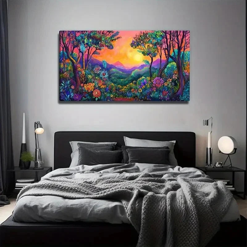 Colorful Grove Sunset Wall Art Canvas Office Home Room Framed 80x45cm