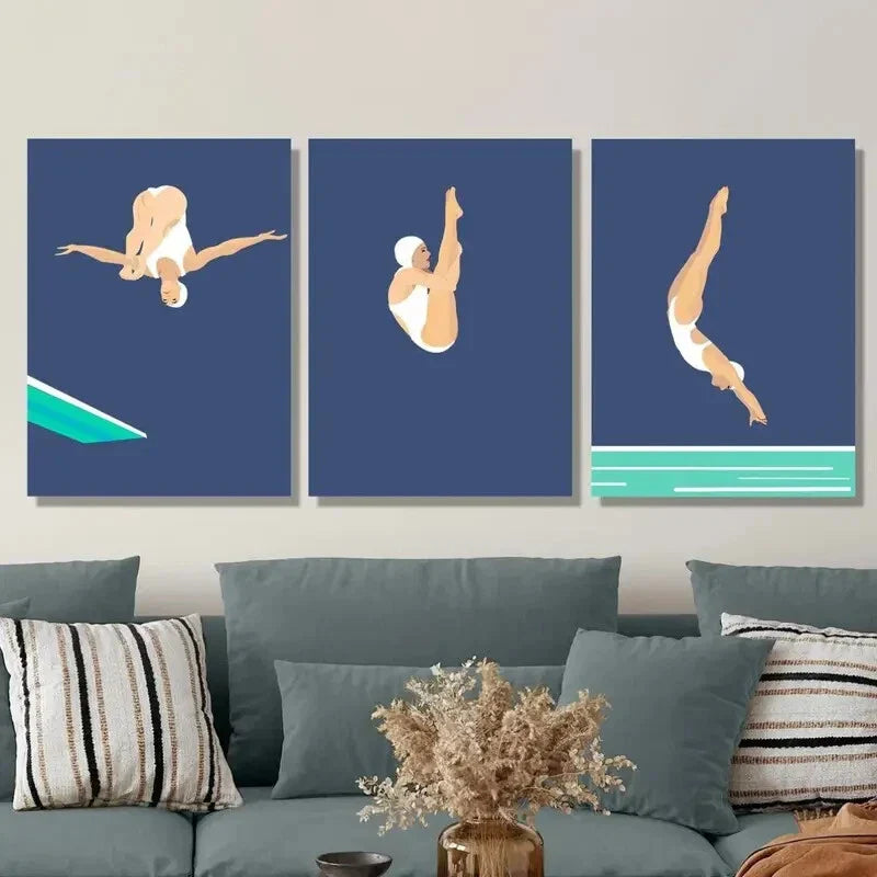 3pcs Swimming Art, Springboard Diving Metal Print Ready to Hang Art