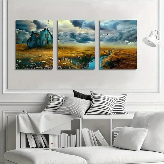 3pcs Blue Country Villa White Clouds Metal Print Ready to Hang Art