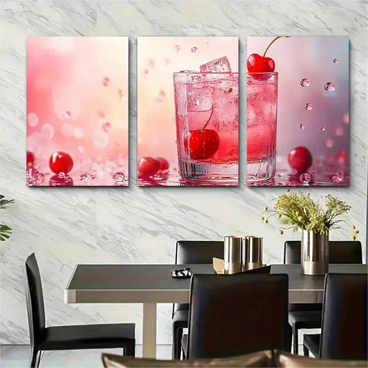 3pcs Cherry Cocktail Trendy French Drink Metal Print Ready to Hang Art