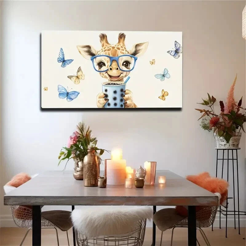 Whimsical Blue Glasses & Water Wall Art Canvas Office Home Room Framed 120x60cm