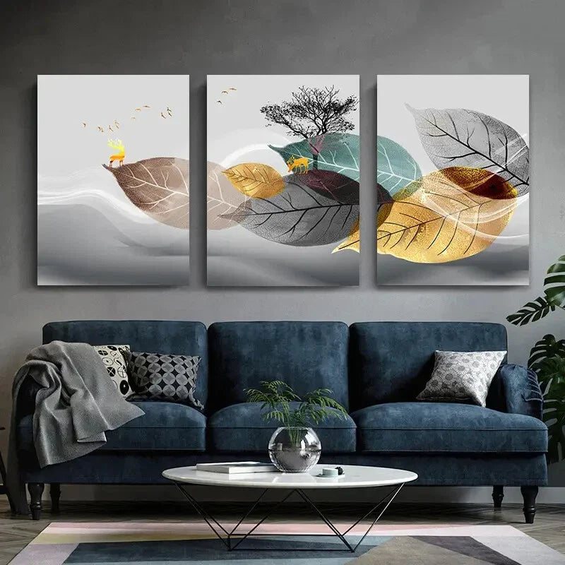 3pcs Autumn Leaves Blue and Golden Foliage Metal Print Ready to Hang Art
