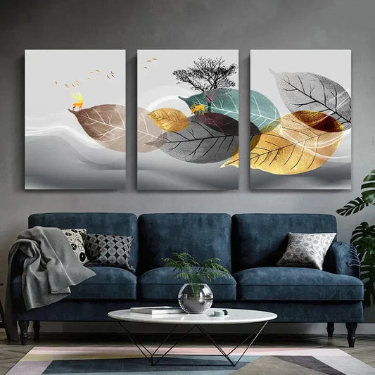 3pcs Autumn Leaves Blue and Golden Foliage Metal Print Ready to Hang Art