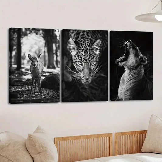 3pcs Vintage Black & White Animals Deer Leopard Wall Art Set Canvas Framed 40x60cm - High Quality Print 100% Australian Made Wall Canvas Ready to Hang