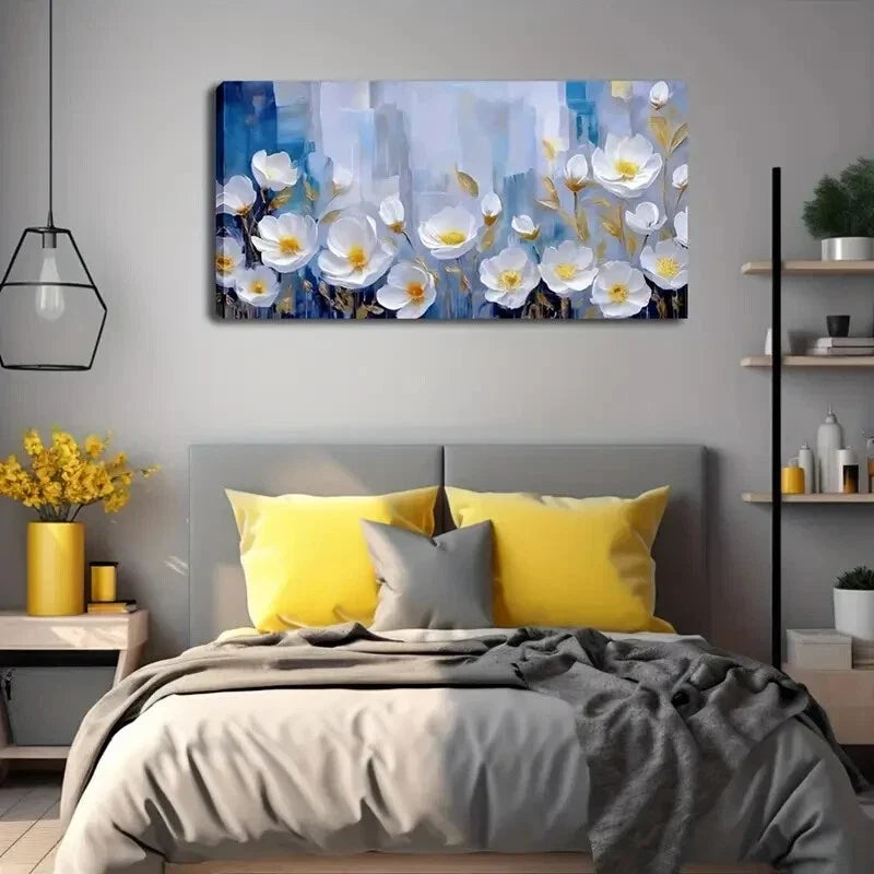 White Flowers Yellow Center Wall Art Canvas Office Home Room Framed 120x60cm