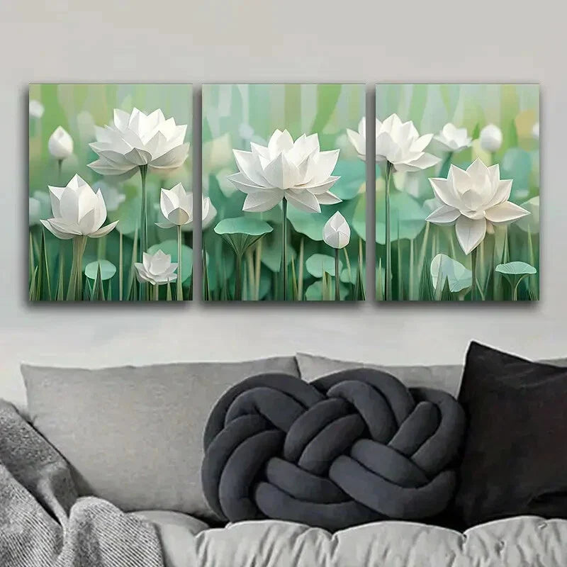 3pcs White lotus flower Art Painting Art  Metal Print Ready to Hang Art