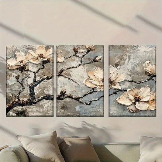 3pcs White Flower Pattern on Grey Background Metal Print Ready to Hang Art