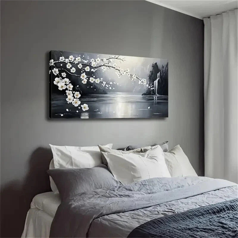 Serene White Blossoming Tree Wall Art Canvas Office Home Room Framed 120x60cm