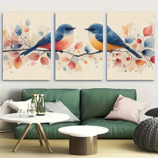 3pcs Whimsy Birds on Branches Design Metal Print Ready to Hang Art
