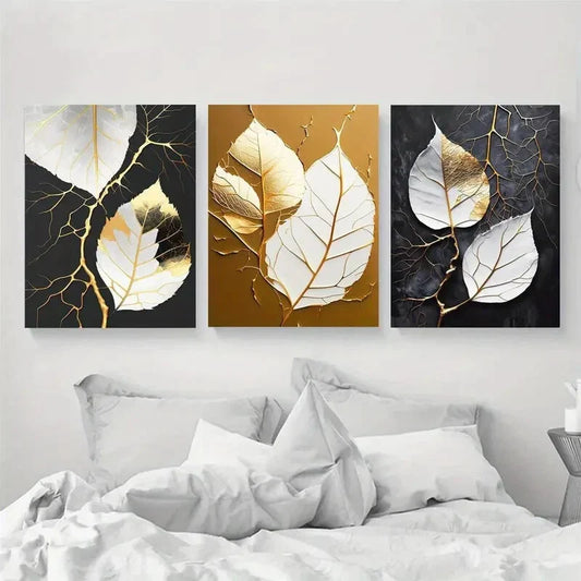 3pcs Golden Leaf Abstract Design Metal Print Ready to Hang Art