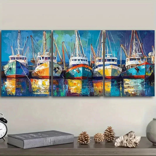 3pcs Fishing boats docked in port Metal Print Ready to Hang Art