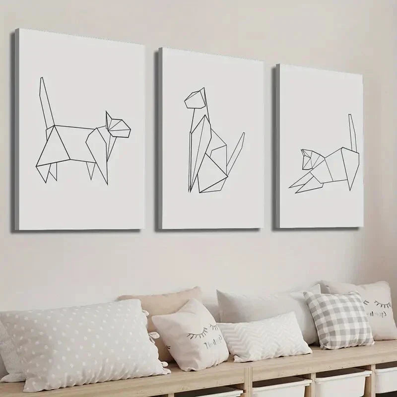 3pcs Modern Origami Cat Line Wall Art Set Canvas Framed 40x60cm - High Quality Print 100% Australian Made Wall Canvas Ready to Hang