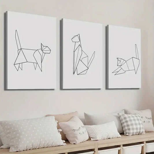 3pcs Modern Origami Cat Line Wall Art Set Canvas Framed 40x60cm - High Quality Print 100% Australian Made Wall Canvas Ready to Hang