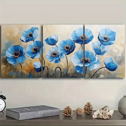 3pcs  Abstract Blue Poppies Modern Metal Print Ready to Hang Art