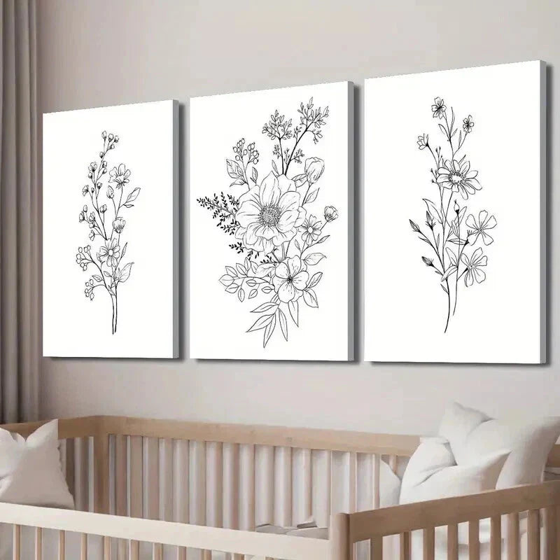 3pcs Black and White Botanical Floral Theme Wall Art Set Canvas Framed 40x60cm - High Quality Print 100% Australian Made Wall Canvas Ready to Hang