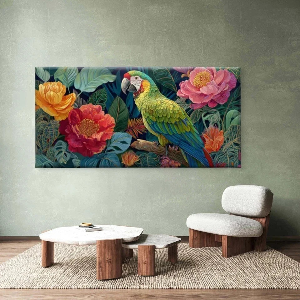 Tropical Parrot Jungle Wall Art Canvas Office Home Room Framed 80x45cm