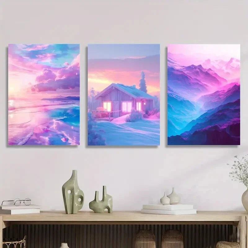 3pcs  Pastel beach scenery, pink colored houses Metal Print Ready to Hang Art