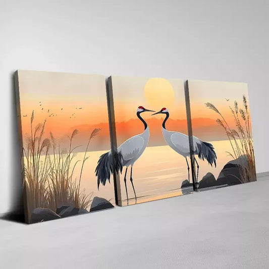 3pcs  Nature Serene Crane Lake Scene at Sunset Wall Art Set Canvas Framed 40x60cm - High Quality Print 100% Australian Made Wall Canvas Ready to Hang