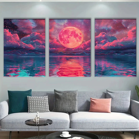 3pcs Abstract Stunning Pink Moon Metal Print Ready to Hang Art