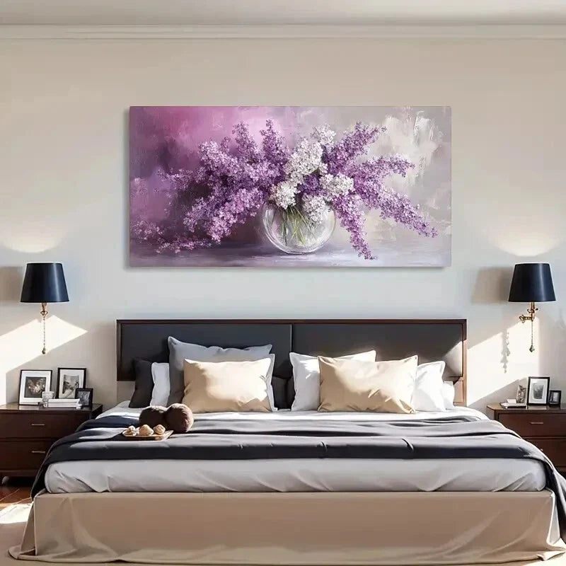 Lilac Bouquet Purple Floral Wall Art Canvas Office Home Room Framed 80x45cm