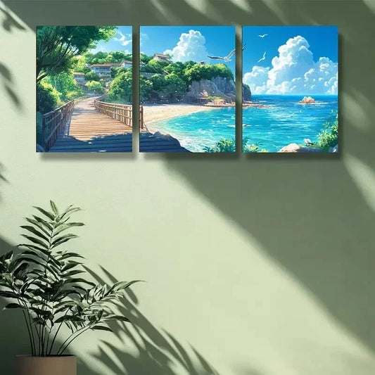 3pcs Wooden bridge Painting  Metal Print Ready to Hang Art