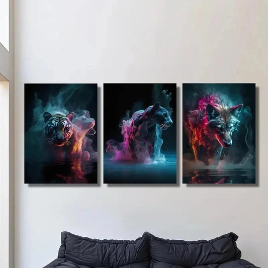 3pcs Inspired Tiger, Bear, Wolf & Fish, Metal Print Ready to Hang Art