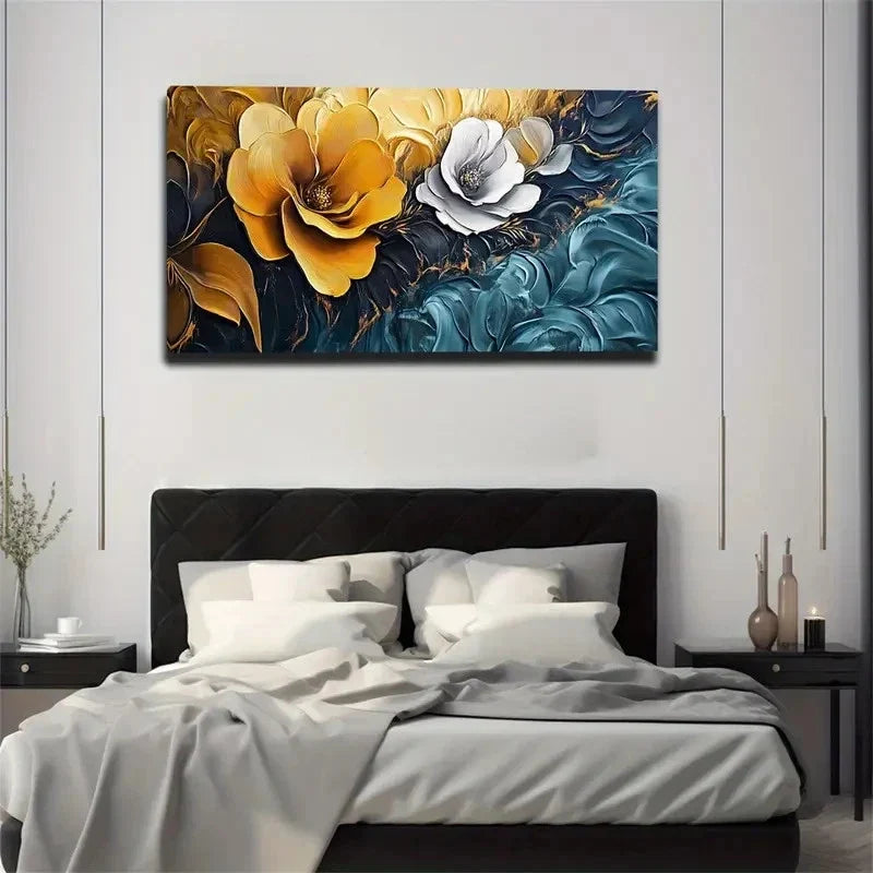 Flowers Dark Blue Background Wall Art Canvas Office Home Room Framed 120x60cm