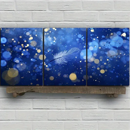 3pcs Feathers Blue Bubbles Wing Metal Print Ready to Hang Art